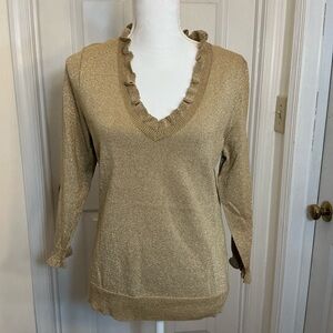 Chaps Ralph Lauren Gold Metallic Sweater Large NWT Ruffle Neck Lightweight